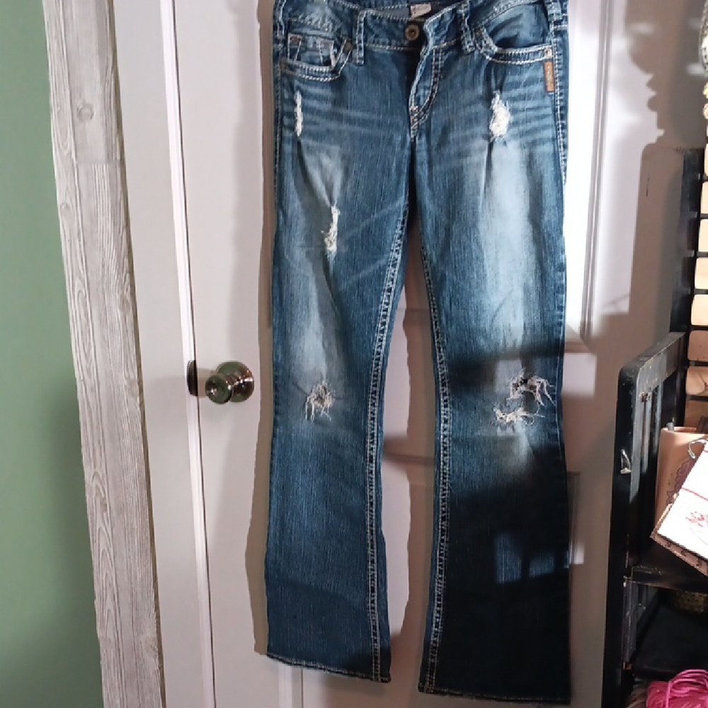 Womens Silver Y2K Jeans Blue Flare & Wide Leg Denim Distressed